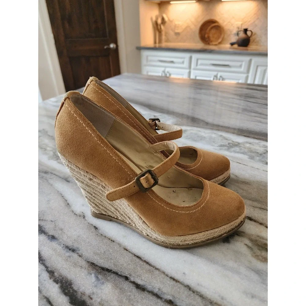 DV‎ Dolce Vita Tan Suede Mary Jane Espadrille Wedge Sandals Camel Brown Heel 8